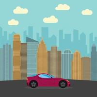 Red sports car in the city. Automobile on a background of skyscrapers on a sunny day. Vector illustration.