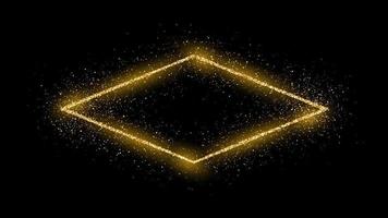 Golden rhombus frame with glitter, sparkles and flares on dark background. Empty luxury backdrop. Vector illustration.