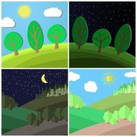 Set of summer landscape. Day and Night on a Clearing in the Forest. Cartoon vector illustration.