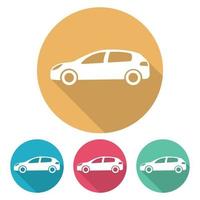 Set of four flat style cars in multi colored circles with shadow. Vector illustration