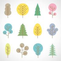 Set of twelve multicolored trees on white background. Vector illustration.