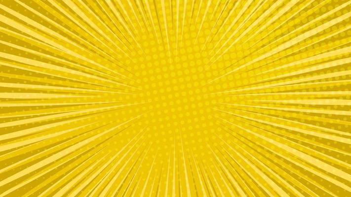 Yellow comic book page background in pop art style with empty space. Template with rays, dots and halftone effect texture