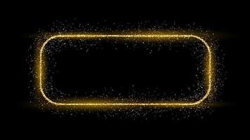 Golden rounded rectangle frame with glitter, sparkles and flares on dark background. Empty luxury backdrop. Vector illustration.