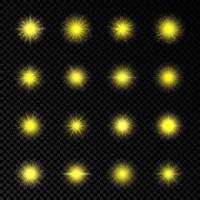 Light effect of lens flares. Set of sixteen yellow glowing lights starburst effects with sparkles vector