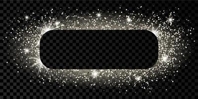 Silver rounded rectangle frame with glitter, sparkles and flares on dark vector