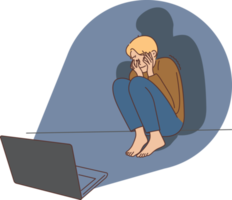 Scared boy afraid of movie on laptop png