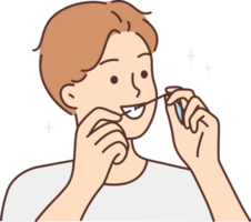 Jeune homme nettoyage les dents avec dentaire soie png