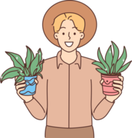 sonriente hombre con plantas en manos png