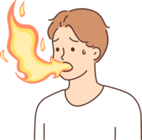 Sick man with flame coming out of mouth suffers from heartburn due to problems png