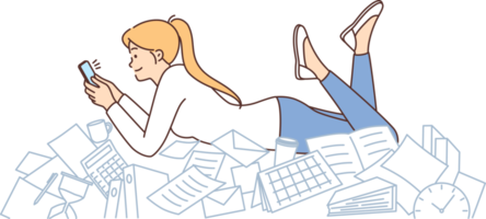 Procrastination woman with phone lies on documents and stationery oblivious to mess png