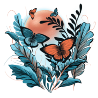 Butterflies with tropical leaves against the backdrop of the red planet botanical illustration png