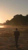 persoon wandelingen door een veld- net zo de ochtend- zon schijnt video