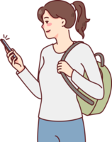 Smiling girl with cellphone browsing internet png