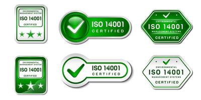 Yo asi 14001 certificado etiqueta estampilla. ambiental administración sistema signo. con un controlar, y estrella icono. en degradado verde y blanco color. prima y lujo emblema vector modelo