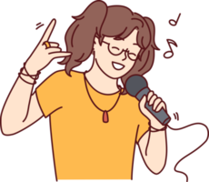 Happy girl sing in microphone png