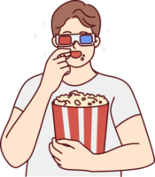 Mens in 3d bril aan het eten popcorn png