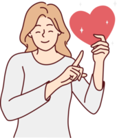 Happy woman point at heart in hands png