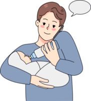 Father feeding newborn talking on phone png