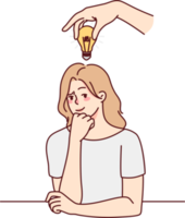 Pensive businesswoman with lightbulb above head png