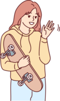 Smiling girl posing with skateboard png