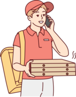 Deliveryman with pizza boxes calling client png