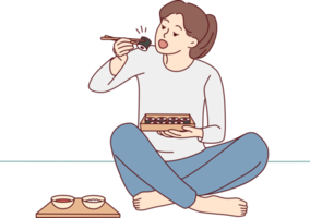 mujer sentar en piso comiendo Sushi png