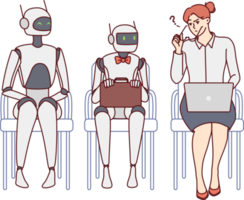 Confused woman in line with robots in office png