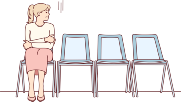 Anxious woman sit in chair waiting for appointment png