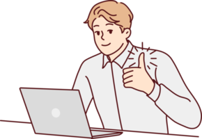 Smiling businessman work on laptop show thumb up png