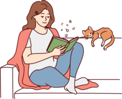 Happy woman sit on sofa reading book png