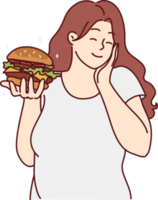 sorridente excesso de peso mulher com hamburguer png