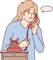 Young woman talk on landline phone png