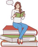 Happy woman sit on pile reading book png