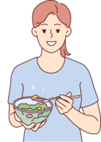 sonriente mujer comiendo sano vegetal ensalada png