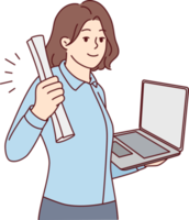 une femme souriante détient un diplôme et un ordinateur portable dans les mains png