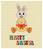 Groovy retro easter card with bunny, egg and bow vector