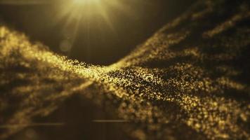 abstrakt rörelse bakgrund animering med en strömmande gyllene fraktal Vinka av glittrande guld ljus partiklar och lins blossa. djup av fält bokeh.