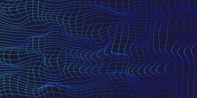 Abstract 3d neon mesh on black background.  Futuristic neon distorted grid vector