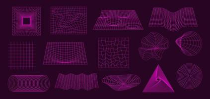 Set of futuristic cyberpunk retro elements in neon pink color. Vector 3d grids, shapes and different geometry elements