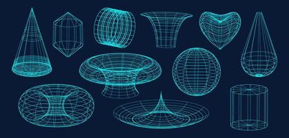 Set of vector 3d geometric wireframes, shapes, distortion and transformation of figure in neon mint color