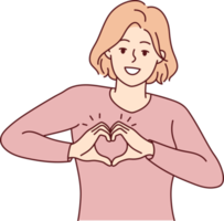 Smiling woman show heart hand gesture png