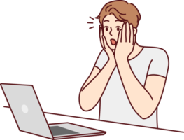 Stunned man shocked by news on laptop png