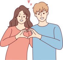 Smiling couple show heart hand gesture png