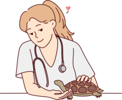 Female veterinarian take care of turtle png