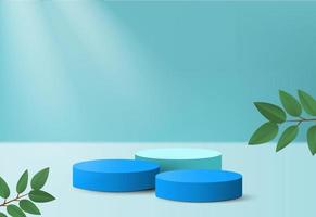 3D realistic podium blue products background with tropical leaf,Scene mockup product stage show award display. vector