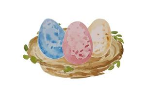 Watercolor nest with color eggs. Template for banner, poster, packaging, postcard, web design. vector