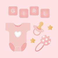 Baby shower banner with dress, rattle, nipple and text Girl on pink background. It s a girl. vector