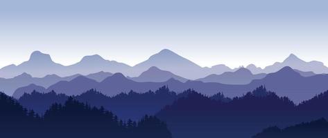 Beautiful dark blue mountain landscape with fog and forest. Sunrise and sunset in mountains. Outdoor and nature concept. Vector illustration.