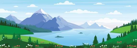 Beautiful mountain and lake landscape. Panorama of spring summer beautiful nature, meadow with flowers, forest, scenic blue lake and mountains on horizon background. vector