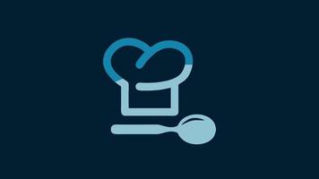Koch Hut und gekreuzt Gabel Symbol isoliert auf Blau Hintergrund. Kochen Symbol. Restaurant Speisekarte. Köche Hut. 4k Video Bewegung Grafik Animation